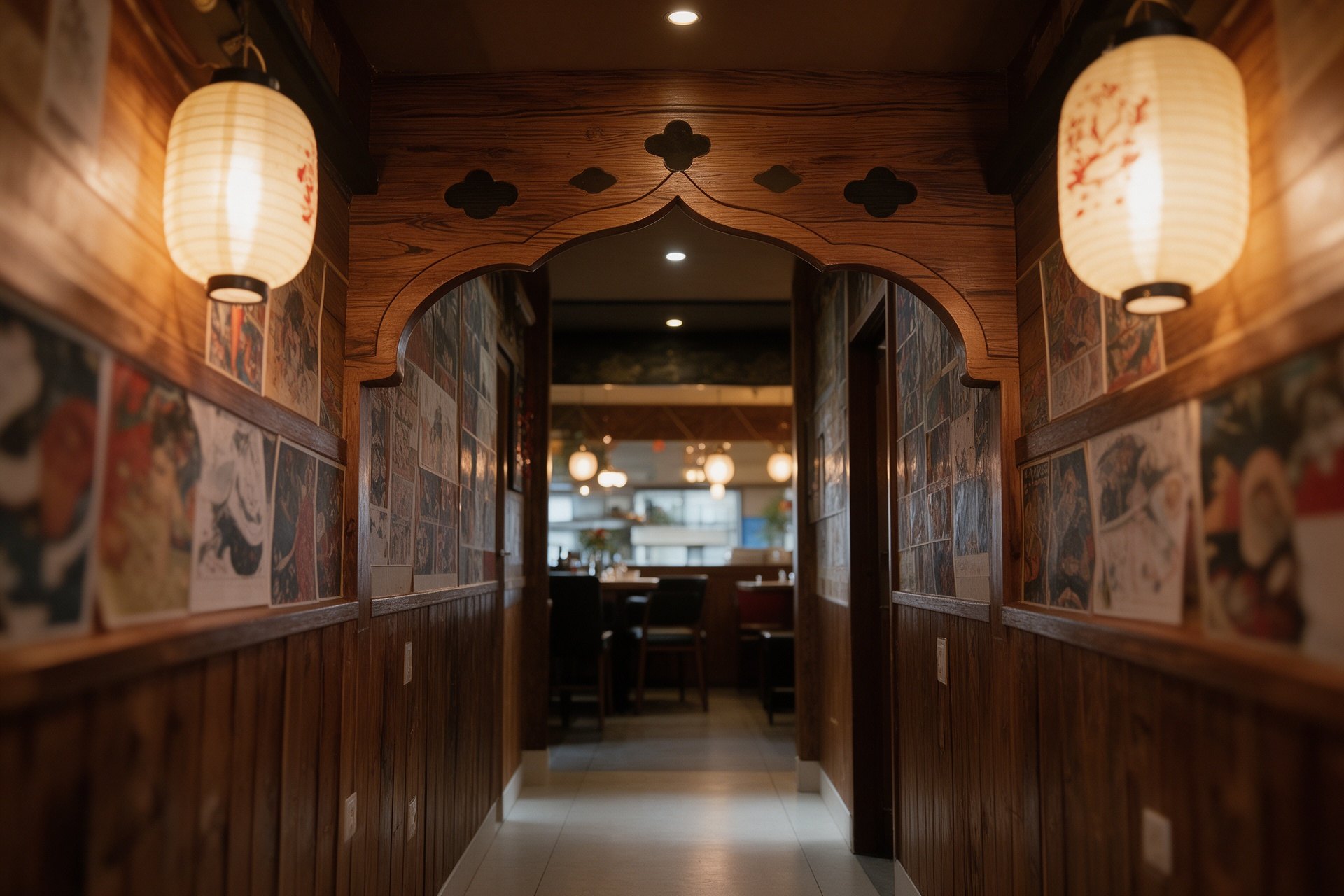 Pasillo interior de BOZE RAMEN con posters japoneses y farolillo de papel