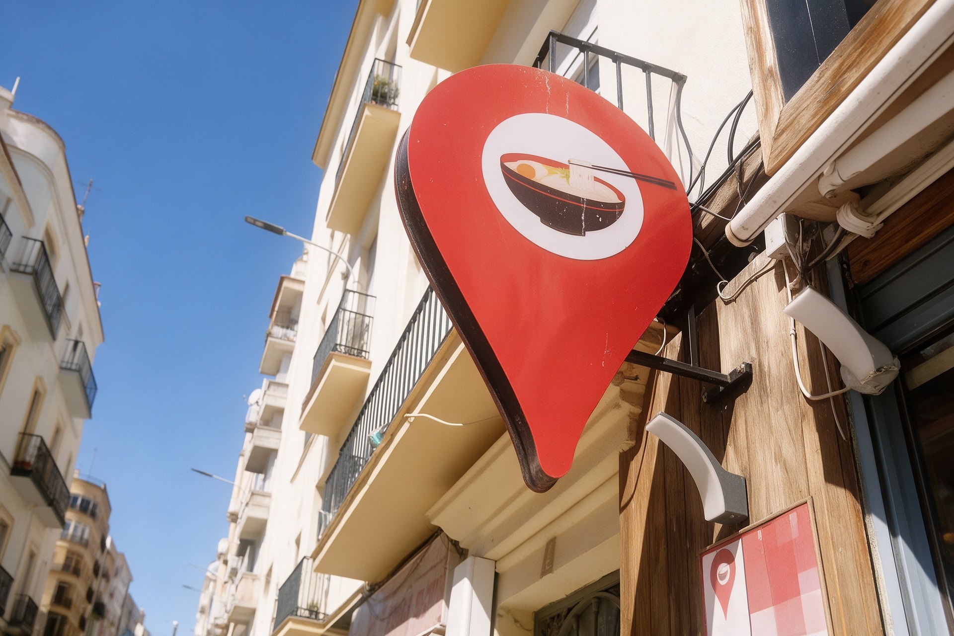 Señal roja con forma de ubicación y dibujo de un bol de ramen sobre la calle