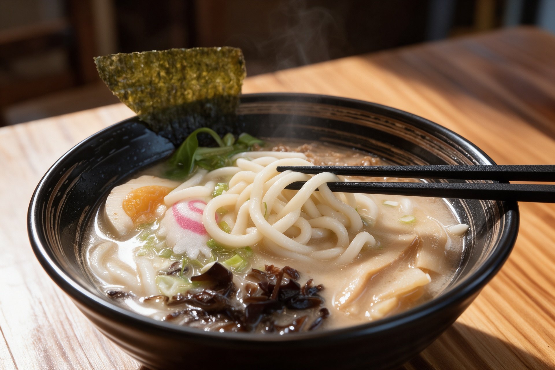 Ramen tonkotsu con huevo pasado por agua, narutomaki, setas y alga nori en un bol oscuro