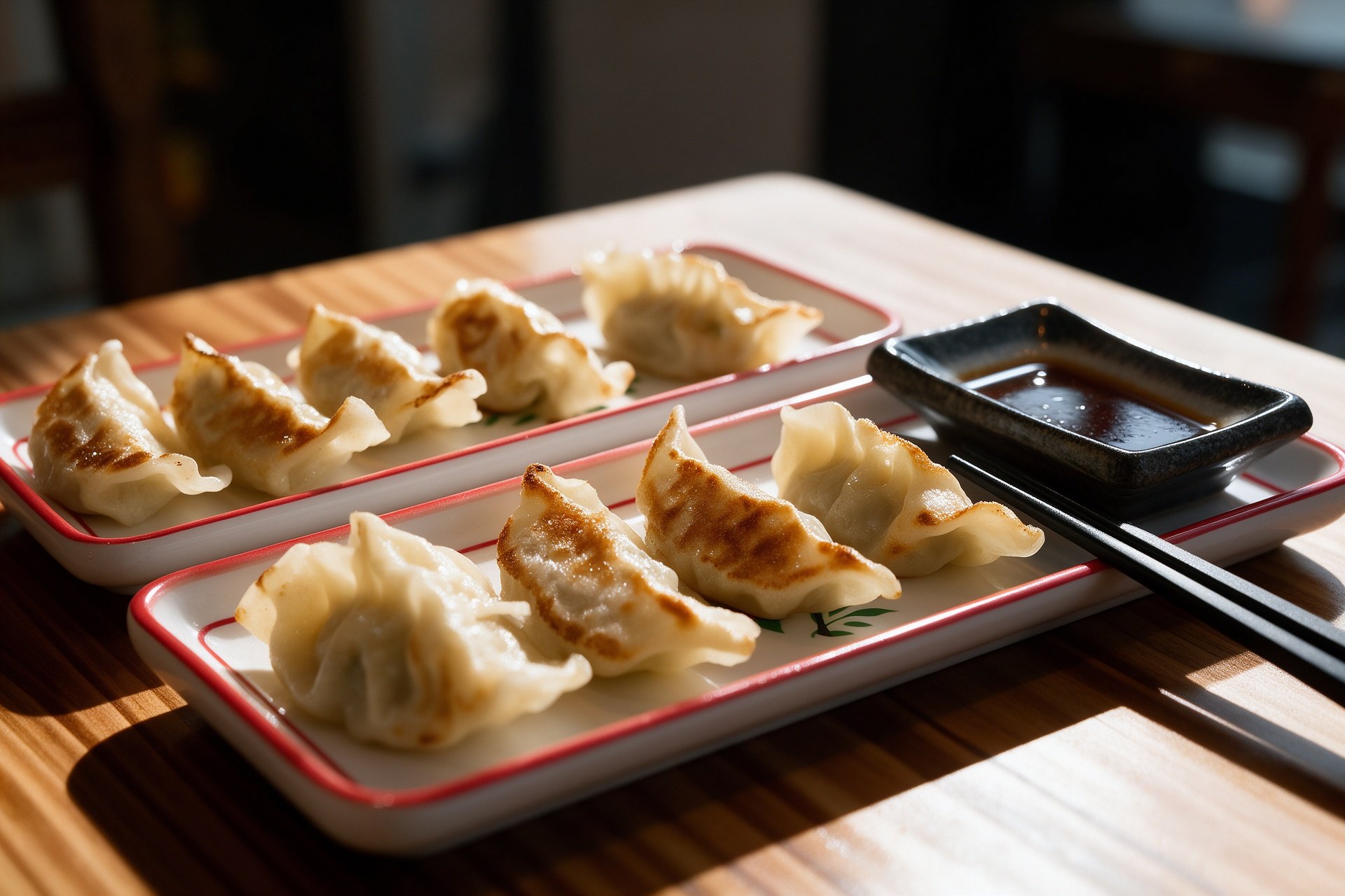 Gyozas a la plancha con salsa de soja en platos blancos