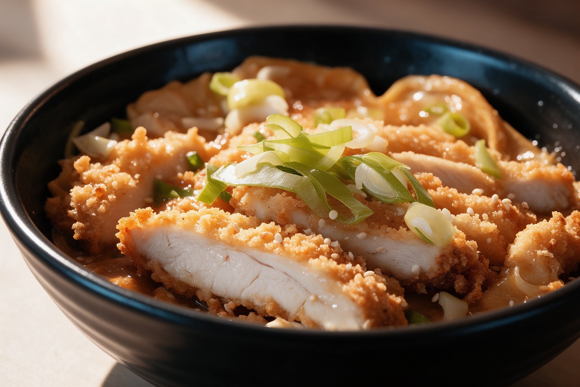 Pollo crujiente japonés con puerro y sésamo en un bol oscuro